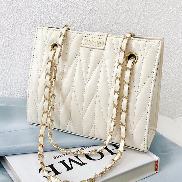 

Quilted Embossed Chain Bucket Bag, White