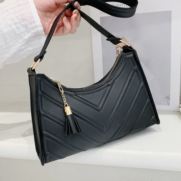 

Chevron Embossed Tassel Decor Shoulder Bag, Black
