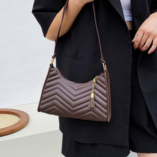 

Tassel Decor Chevron Shoulder Bag, Brown