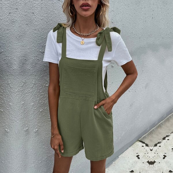 

Solid Pocket Front Tie Shoulder Overall Romper, Army green
