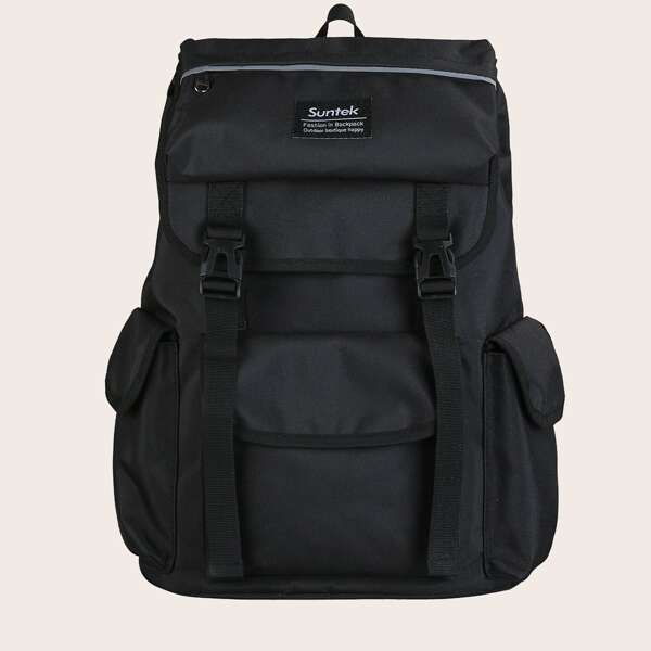 

Men Buckle Decor Flap Backpack, Black