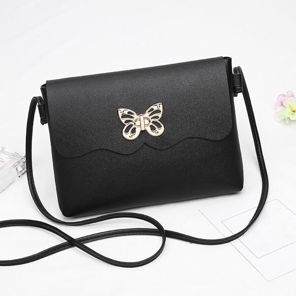 

Metal Butterfly Decor Flap Crossbody Bag, Black