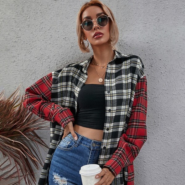 

Color-block Plaid Oversized Blouse, Multicolor