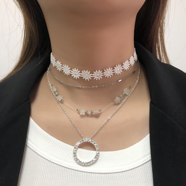 

3pcs Rhinestone Round Charm Necklace, Silver