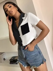 Zolique Blusa acortada con bloques de color y bolsillo parche, top de manga corta - Blanco y Negro - Ver 4