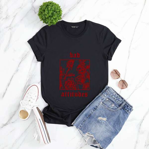 

Plus Flower And Letter Graphic Tee, Black