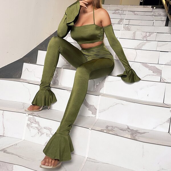 

Solid Flounce Sleeve Crop Top And Ruffle Hem Pants, Olive green