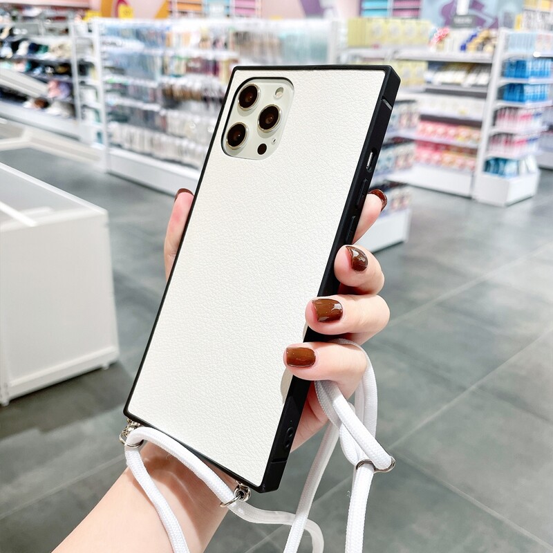 

Contrast Frame Phone Case With Lanyard, White