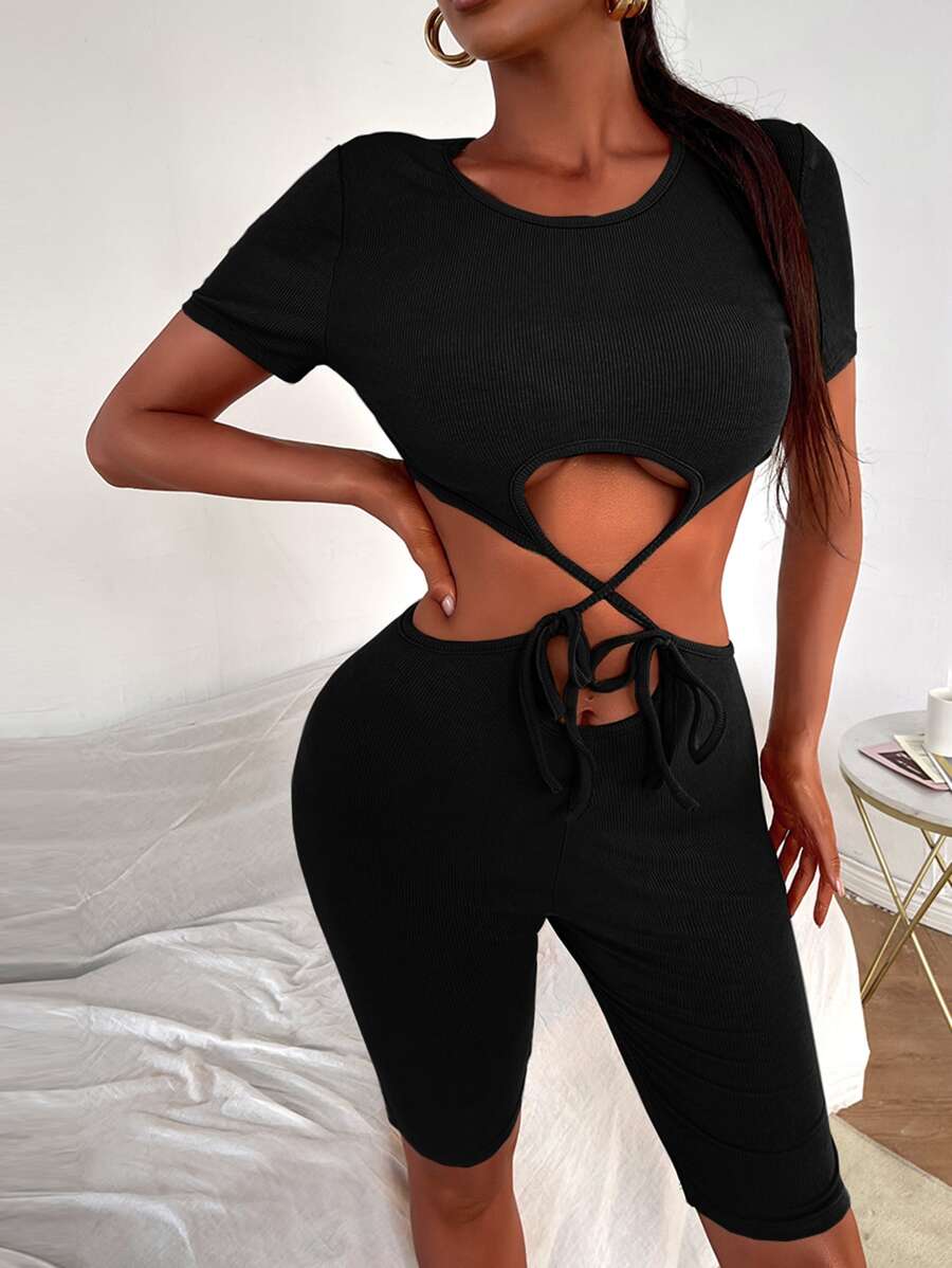 Mono con abertura con nudo tejido de canalé - Negro - Ver 1