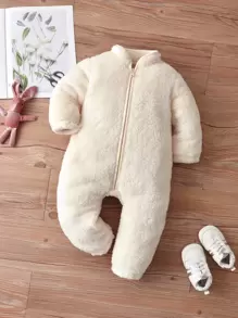 嬰兒女實色拉鍊法蘭絨連身衣 - 米色 - 查看 1