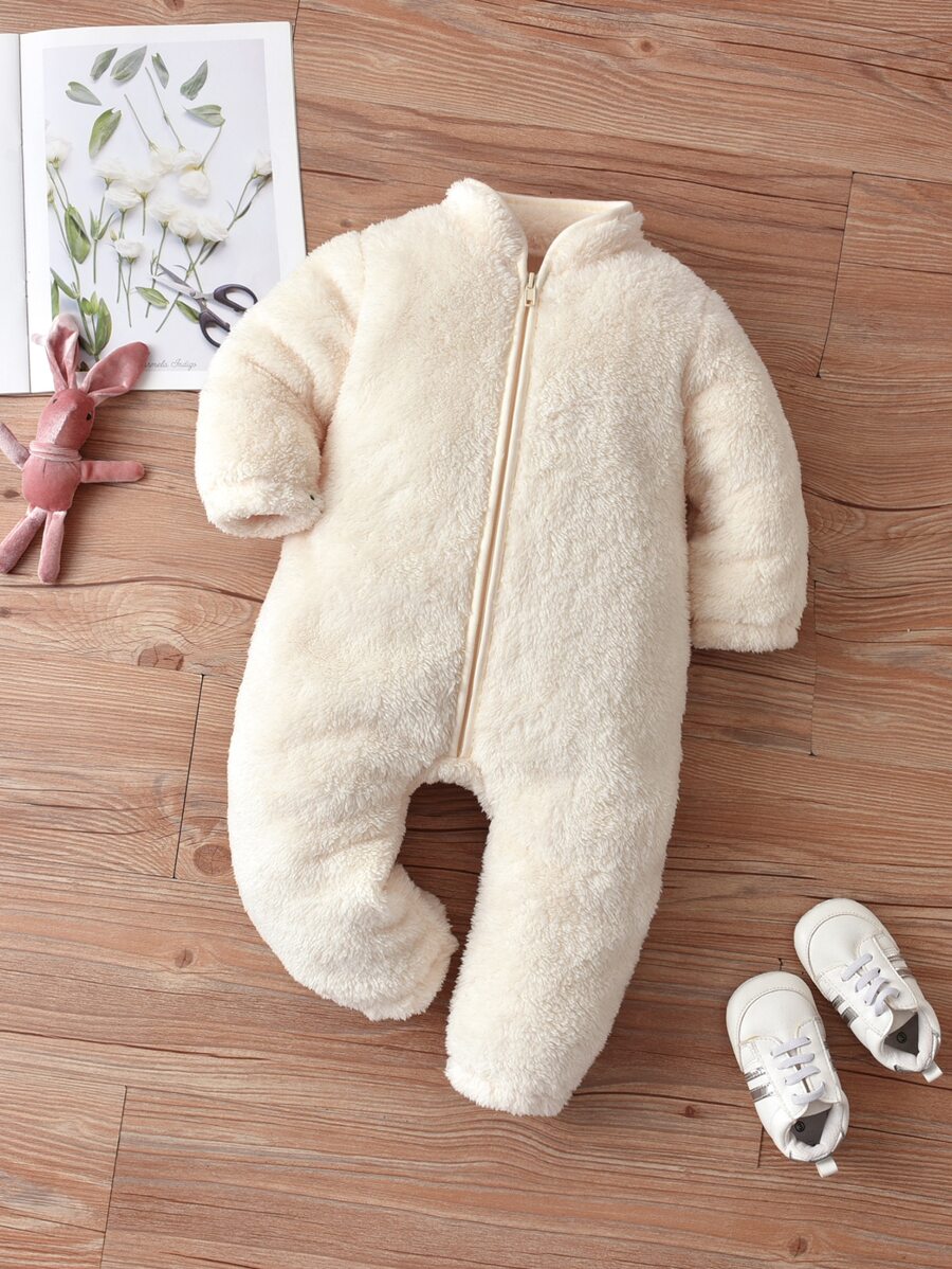 嬰兒女實色拉鍊法蘭絨連身衣 - 米色 - 查看 1