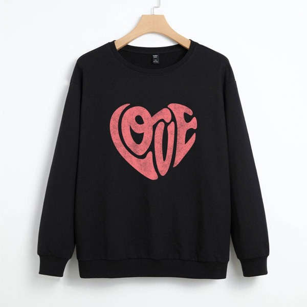 

Plus Letter & Heart Print Drop Shoulder Sweatshirt, Black