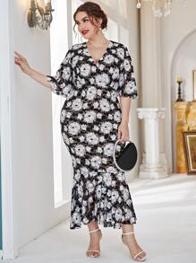 Modelyn Plus Lace Floral Surplice Front Mermaid Hem Dress - Multicolor - View 4