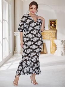 Modelyn Plus Lace Floral Surplice Front Mermaid Hem Dress - Multicolor - View 5