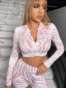 Graphic Print Ruched Crop Top - Multicolor - View 1