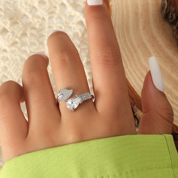 

Zircon Leaf Decor Cuff Ring, Silver