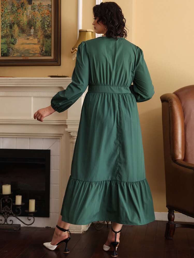Plus Peter-pan Collar Ruffle Hem Bishop Sleeve Dress - Dark Green - View 2