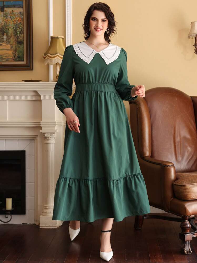 Plus Peter-pan Collar Ruffle Hem Bishop Sleeve Dress - Dark Green - View 3