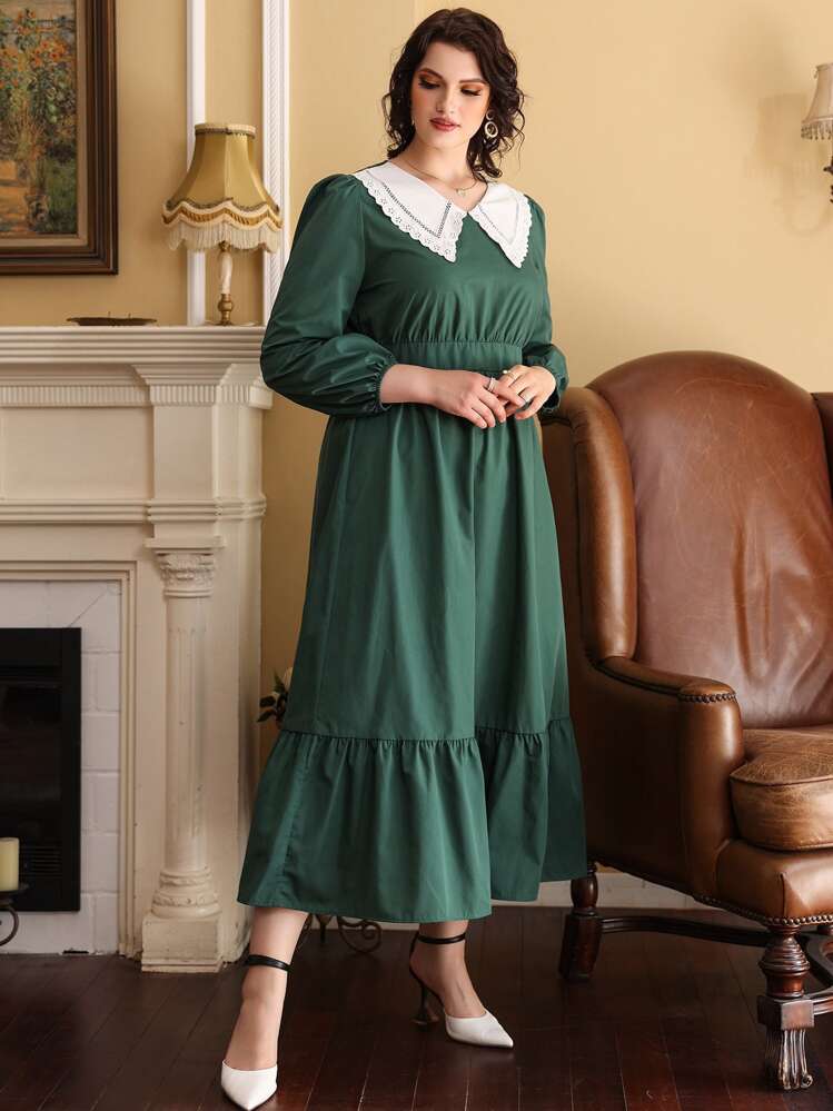 Plus Peter-pan Collar Ruffle Hem Bishop Sleeve Dress - Dark Green - View 4