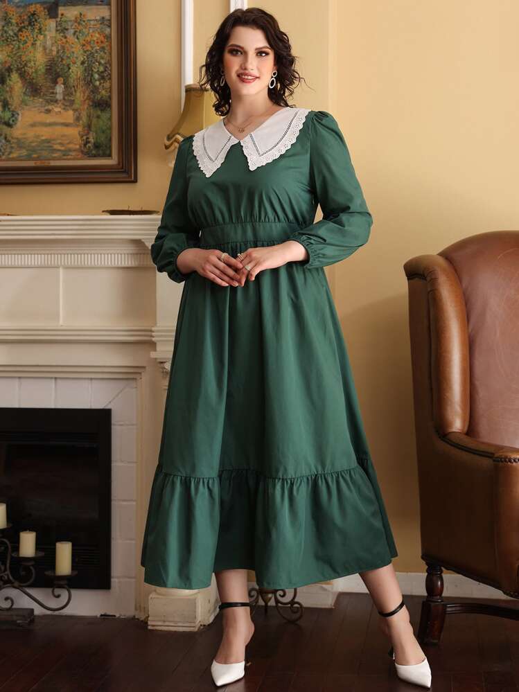 Plus Peter-pan Collar Ruffle Hem Bishop Sleeve Dress - Dark Green - View 5