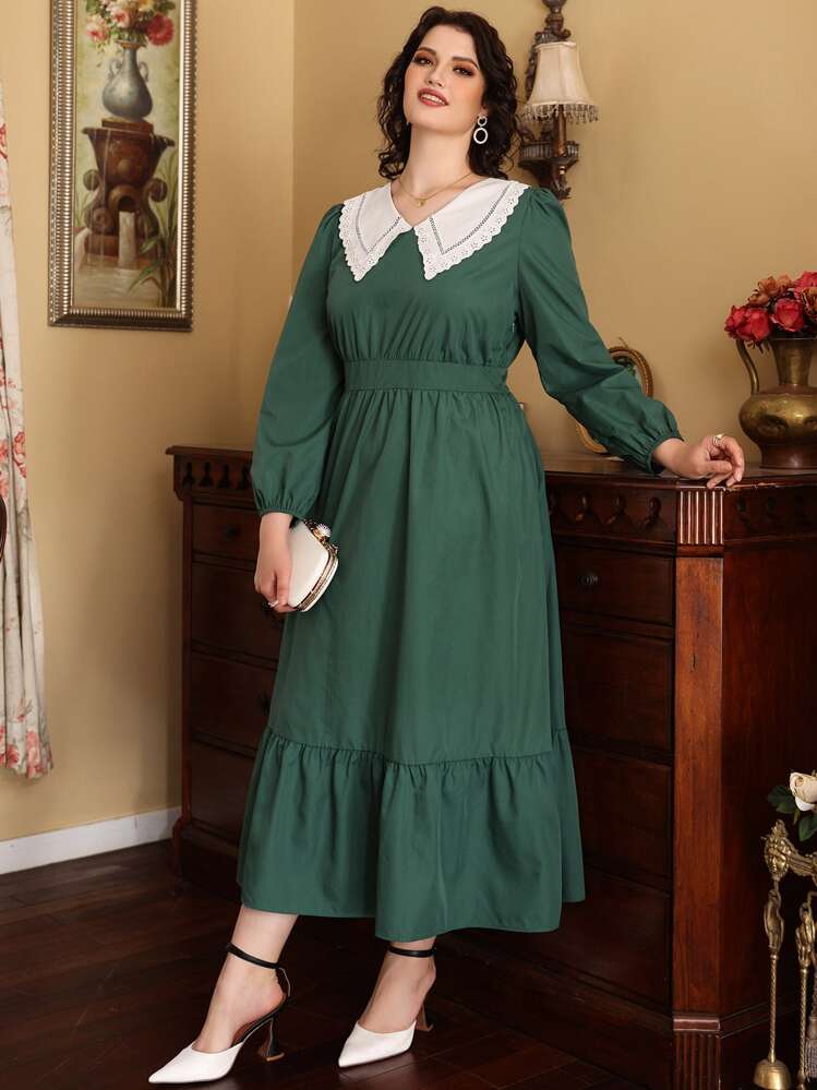 Plus Peter-pan Collar Ruffle Hem Bishop Sleeve Dress - Dark Green - View 6