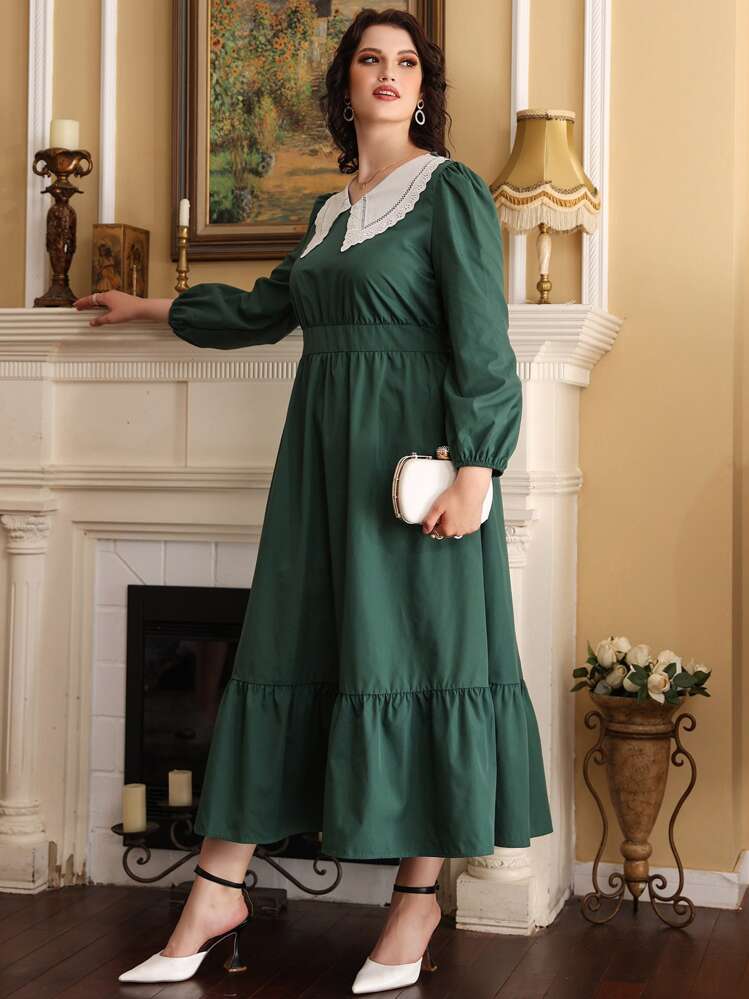 Plus Peter-pan Collar Ruffle Hem Bishop Sleeve Dress - Dark Green - View 7
