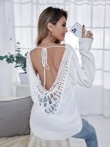 Solid Backless Tie Back Jumper - White - View 1