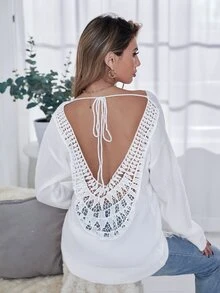 Solid Backless Tie Back Jumper - White - View 3