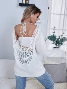 Solid Backless Tie Back Jumper - White - View 5