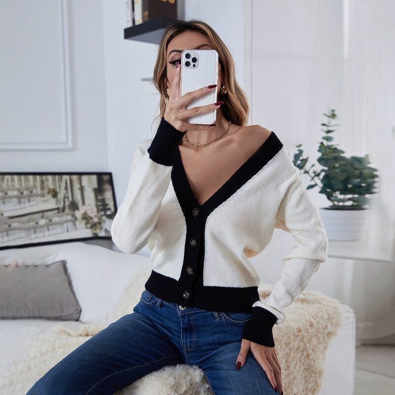 

Single Breasted Contrast Trim Cardigan, Beige