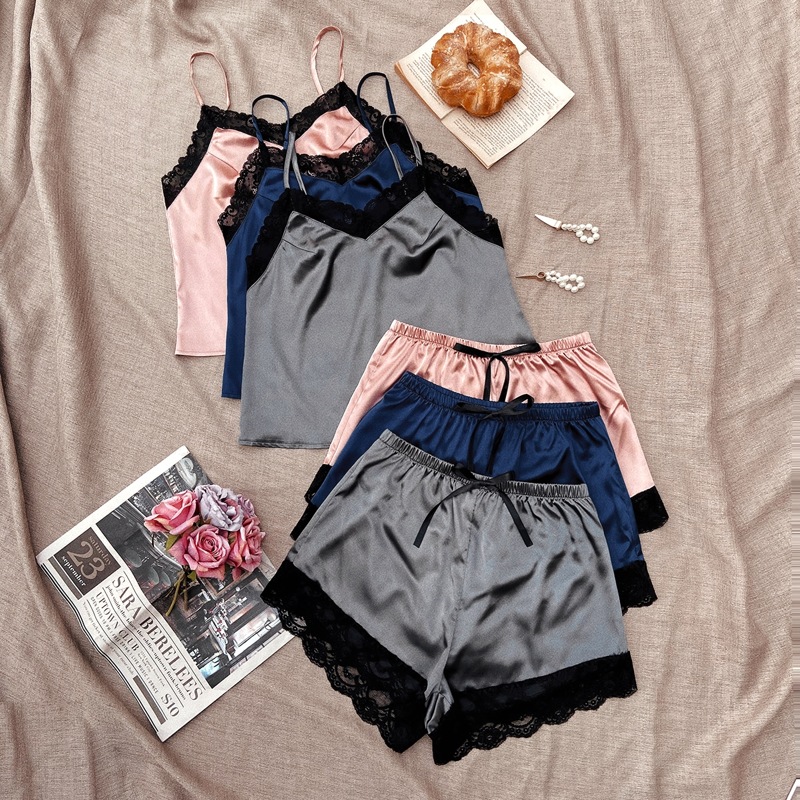 

3sets Lace Trim Cami Top & Shorts Night Set, Multicolor