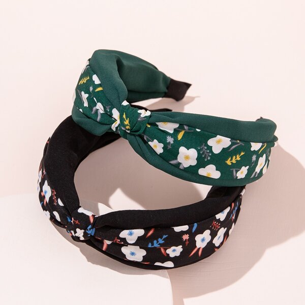 

2pcs Floral Print Wide Headband, Multicolor