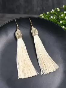 TopHanqi 1 Cặp hoa tai tua rua phong cách Boho với các chi tiết cổ điển, Phụ kiện trang sức hàng ngày/công sở/trang phục cho phụ nữ - Màu be - Xem 2