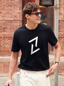 Hombres Camiseta con estampado geométrico & letra - Negro - Ver 3