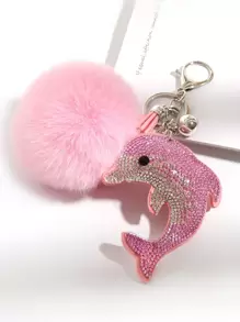 Party 1pc Dolphin Shaped Rhinestone Keychain With Fluffy Pom-Pom - Baby Pink - View 1