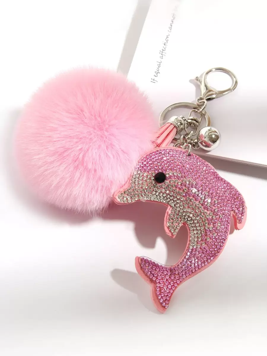 Party 1pc Dolphin Shaped Rhinestone Keychain With Fluffy Pom-Pom - Baby Pink - View 1