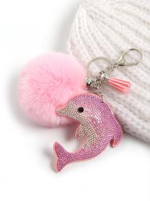 Party 1pc Dolphin Shaped Rhinestone Keychain With Fluffy Pom-Pom - Baby Pink - View 2