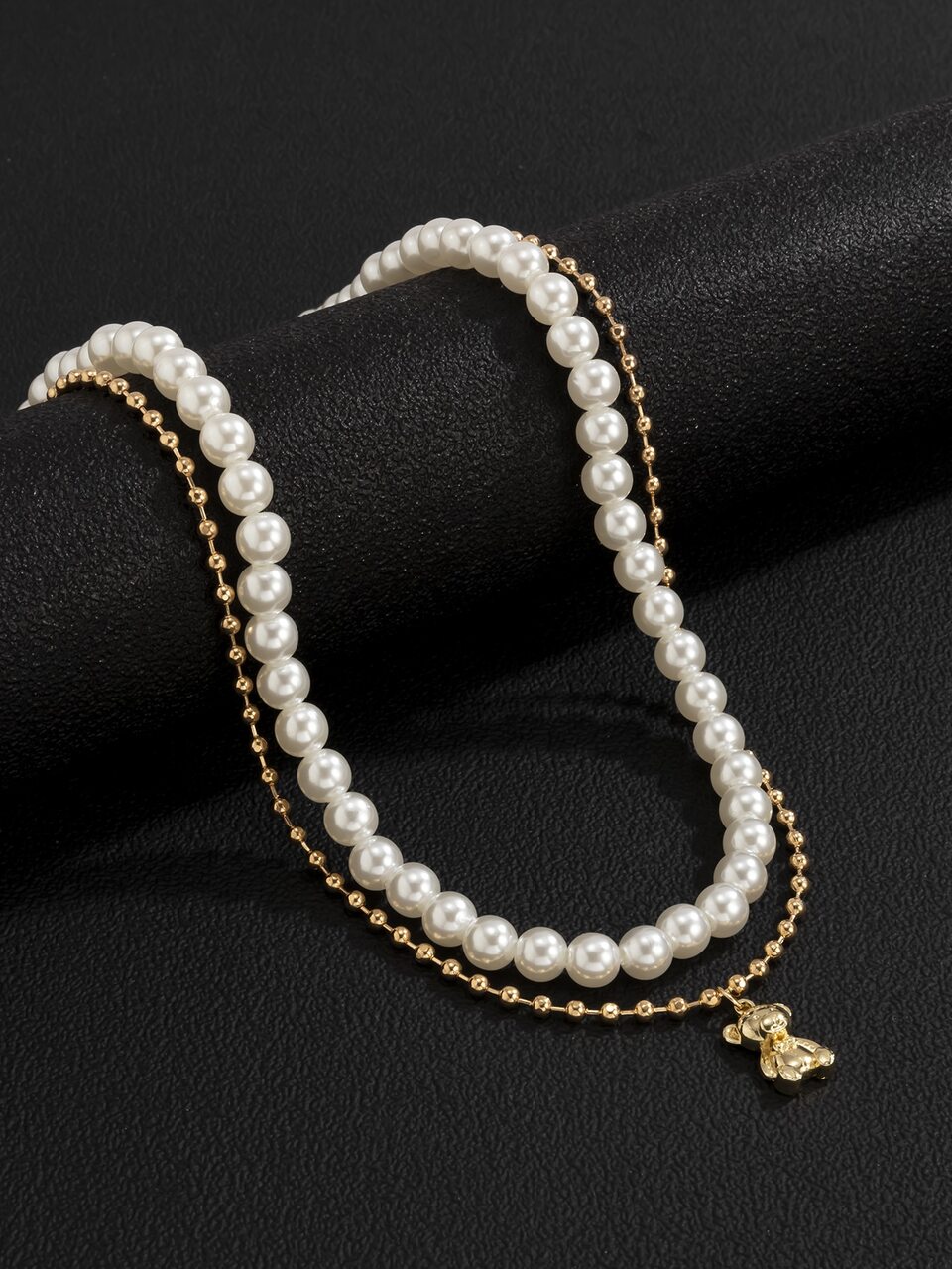 Men Bear Charm Faux Pearl Beaded Layered Necklace