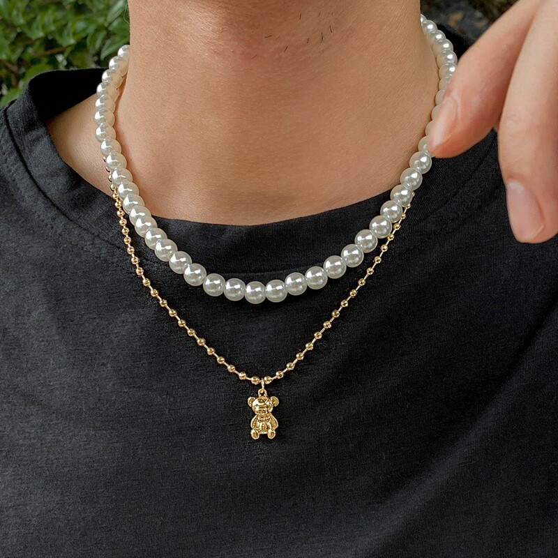 

Guys Bear Charm Layered Necklace, Gold
