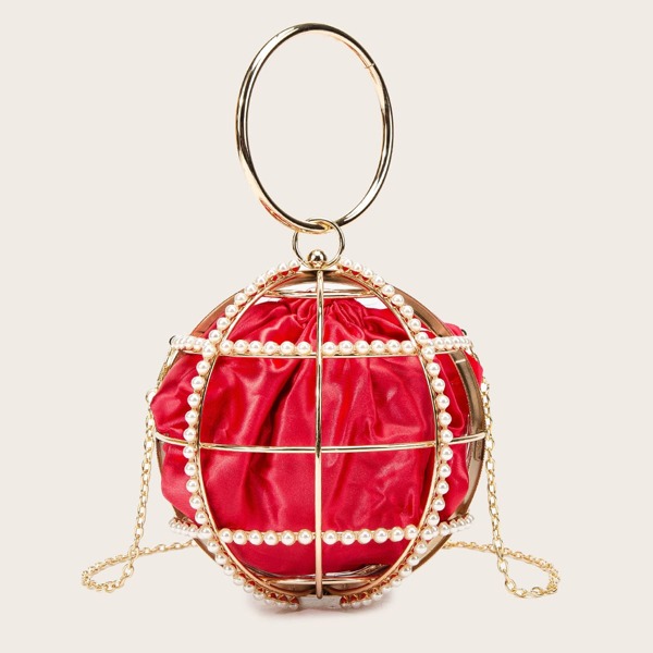 

Pearl Decor Ring Handle Chain Circle Bag, Red