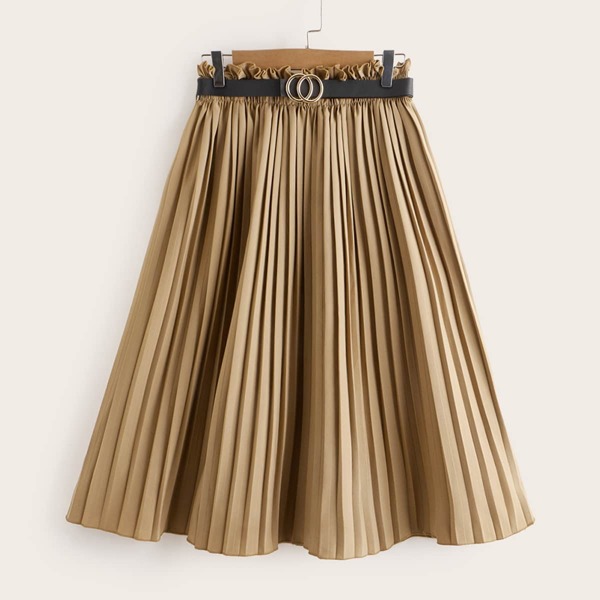 

Paperbag Waist Belted Pleated Skirt, Khaki