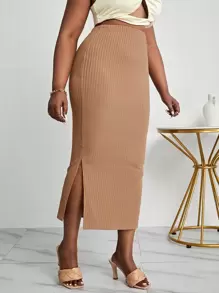 Celure 大碼下擺開叉羅紋針織鉛筆裙