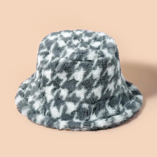 

Houndstooth Pattern Plush Bucket Hat, Grey