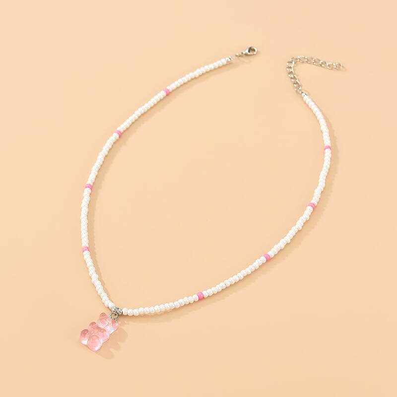 

Bear Pendant Beaded Necklace, White