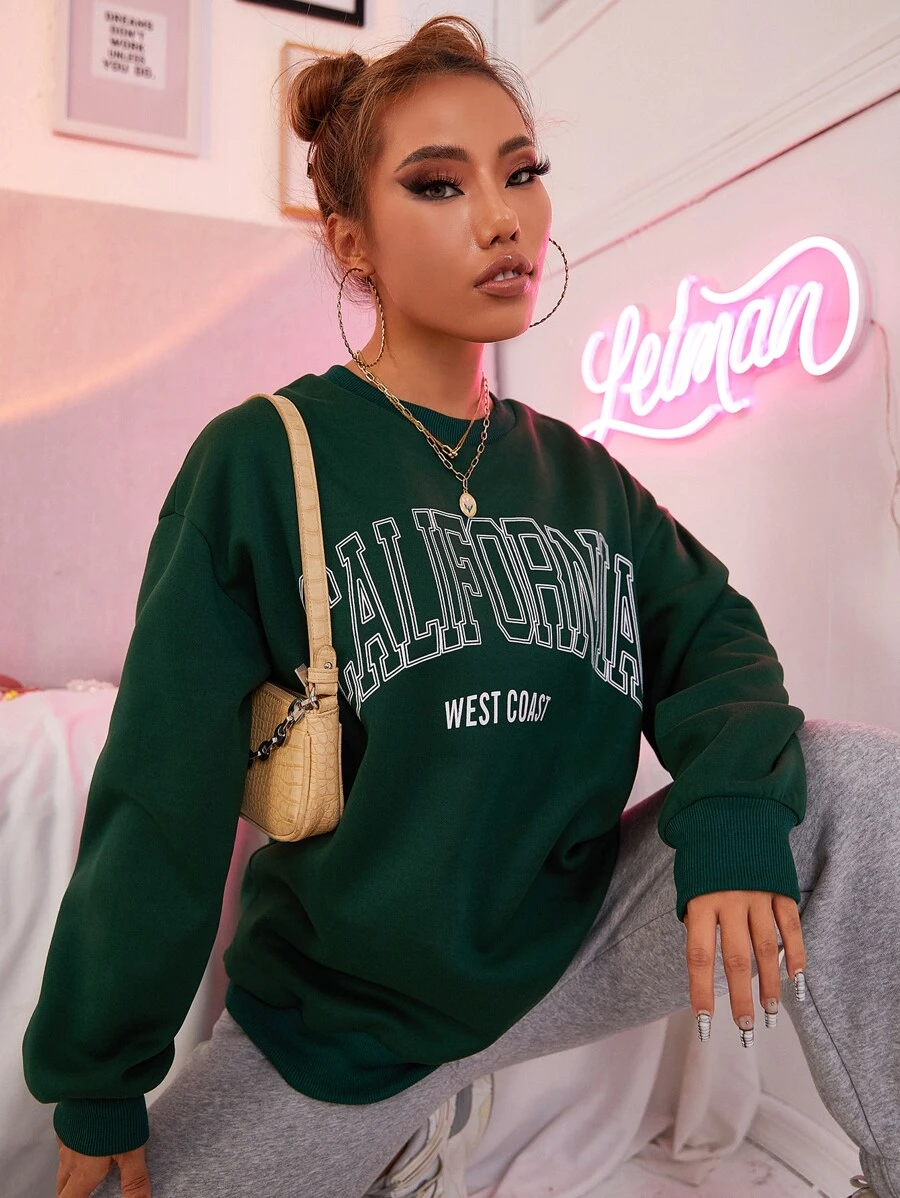 SHEIN Unity Letter Graphic Drop Shoulder Sweatshirt Graduation,Teacher,Back To School Pullover Fall - Dark Green - View 1
