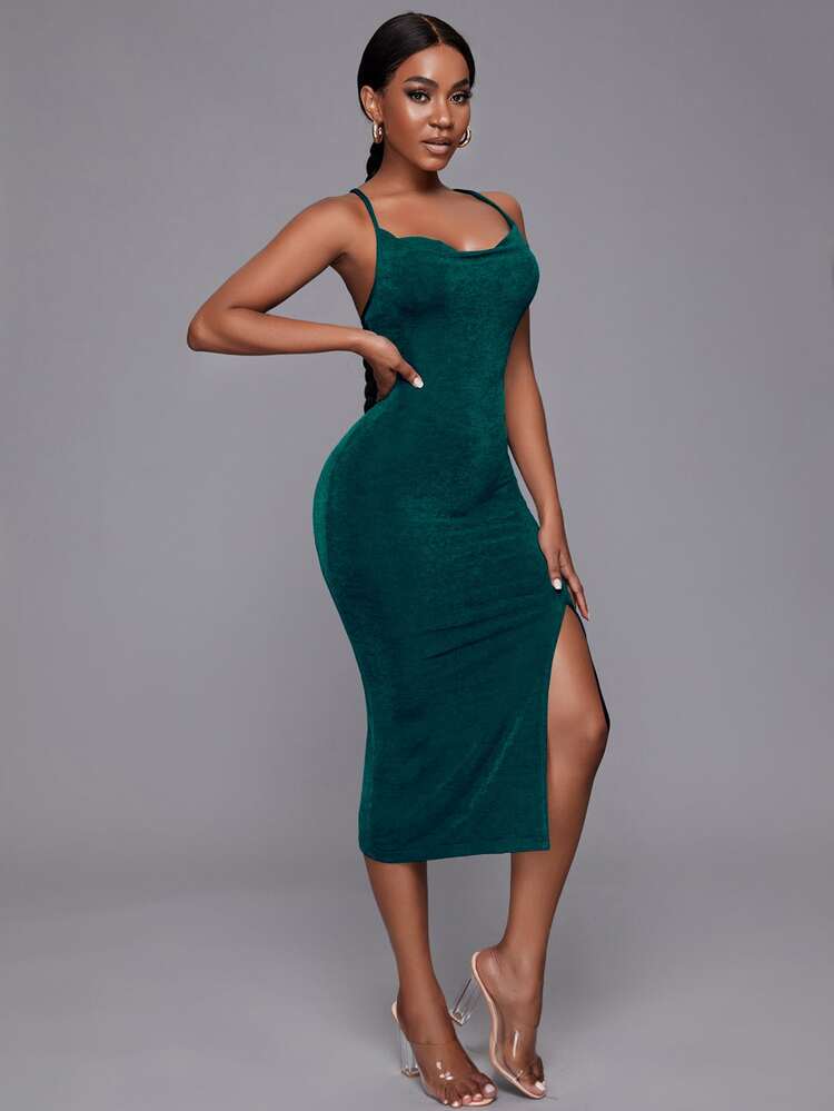 SHEIN SXY Criss Cross Back Split Thigh Cami Bodycon Dress - Dark Green - View 4