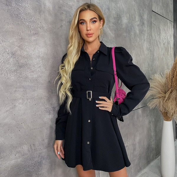 

Flap Pocket Button Up Puff Sleeve Belted Shirt Dress, Black