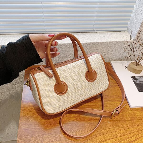 

Swan Pattern Trim Satchel Bag, Brown