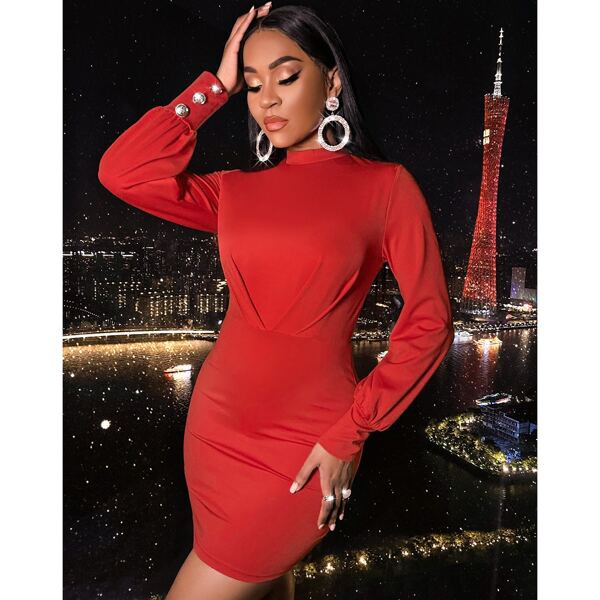 

Mock Neck Button Detail Bodycon Dress, Red