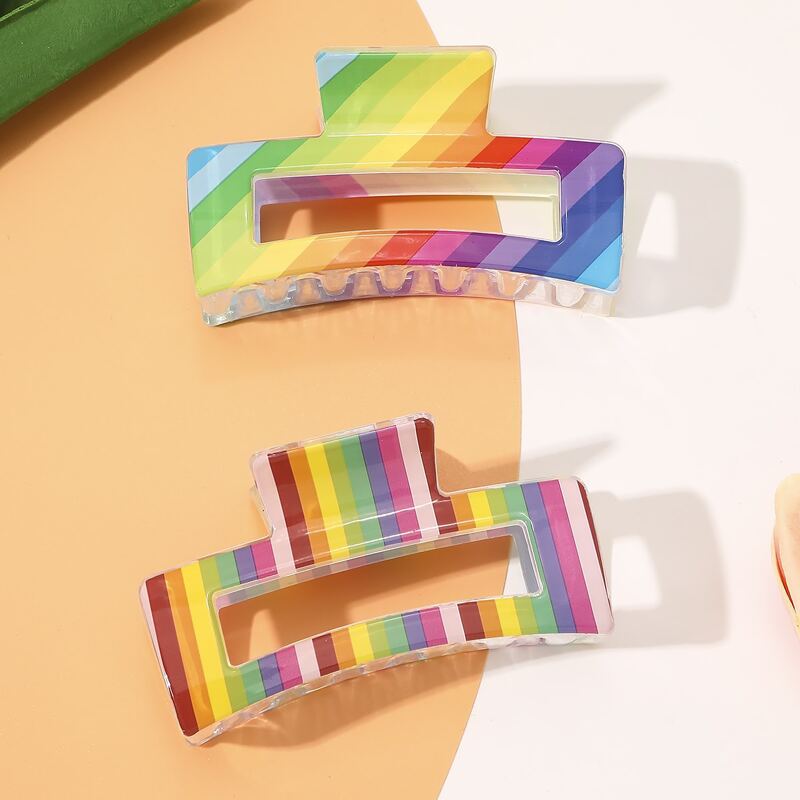 

2pcs Rainbow Striped Hair Claw, Multicolor